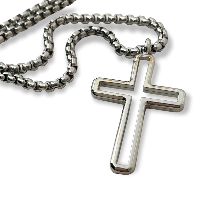 Cross Rhodium Silver Metal Finish Pendant Heavy Chain Necklace