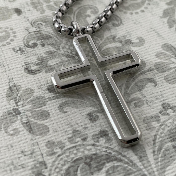 Cross Rhodium Silver Metal Finish Pendant Heavy Chain Necklace