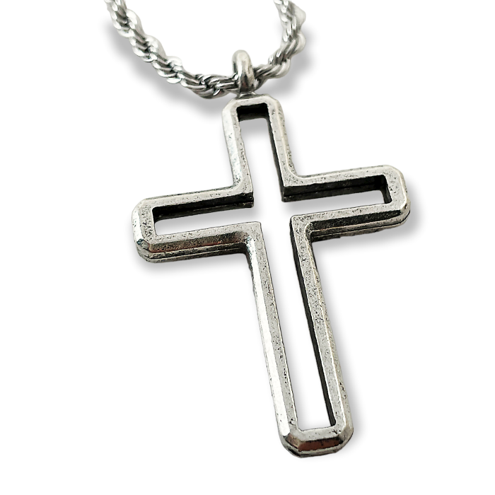 Cross Antique Silver Metal Finish Pendant Twisted Rope Chain Necklace