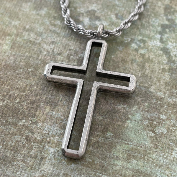 Cross Antique Silver Metal Finish Pendant Twisted Rope Chain Necklace