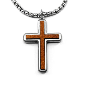 Cross Wood Inlay Antique Silver Pendant Stainless Steel Box Chain Necklace - Forgiven Jewelry