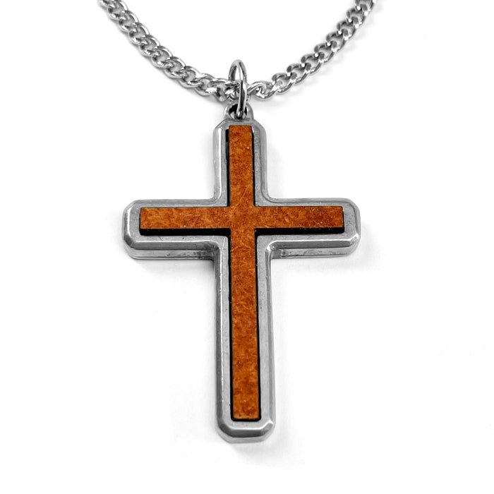 Cross Wood Inlay Antique Silver Pendant Stainless Steel Curb Chain Necklace - Forgiven Jewelry