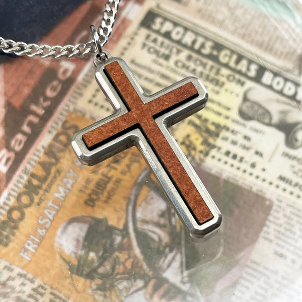 Cross Wood Inlay Antique Silver Pendant Stainless Steel Curb Chain Necklace - Forgiven Jewelry