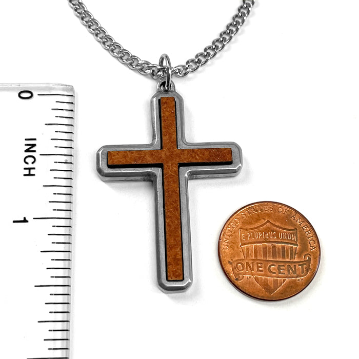Cross Wood Inlay Antique Silver Pendant Stainless Steel Curb Chain Necklace - Forgiven Jewelry