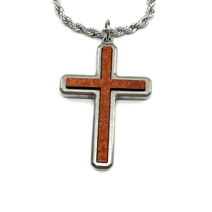 Cross Wood Inlay Antique Silver Pendant Stainless Steel Rope Chain Necklace - Forgiven Jewelry