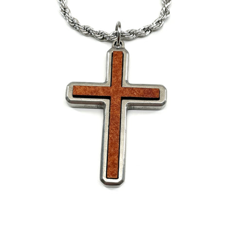 Cross Wood Inlay Antique Silver Pendant Stainless Steel Rope Chain Necklace - Forgiven Jewelry
