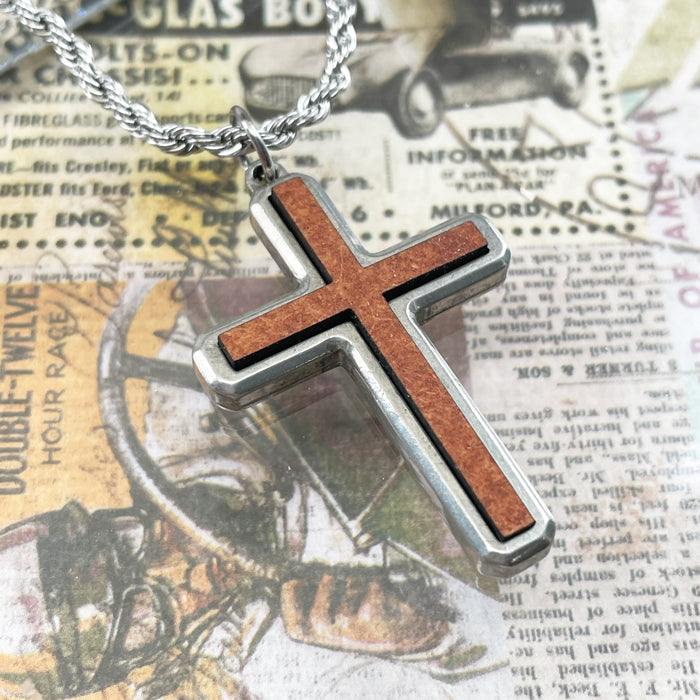 Cross Wood Inlay Antique Silver Pendant Stainless Steel Rope Chain Necklace - Forgiven Jewelry