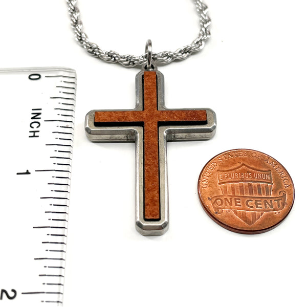 Cross Wood Inlay Antique Silver Pendant Stainless Steel Rope Chain Necklace - Forgiven Jewelry
