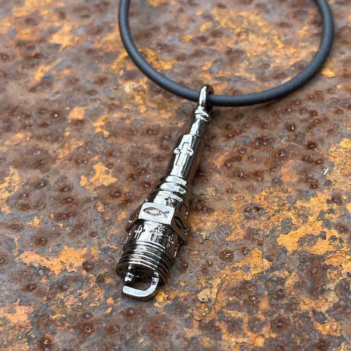 Spark Plug  Gunmetal Finish Necklace - Forgiven Jewelry