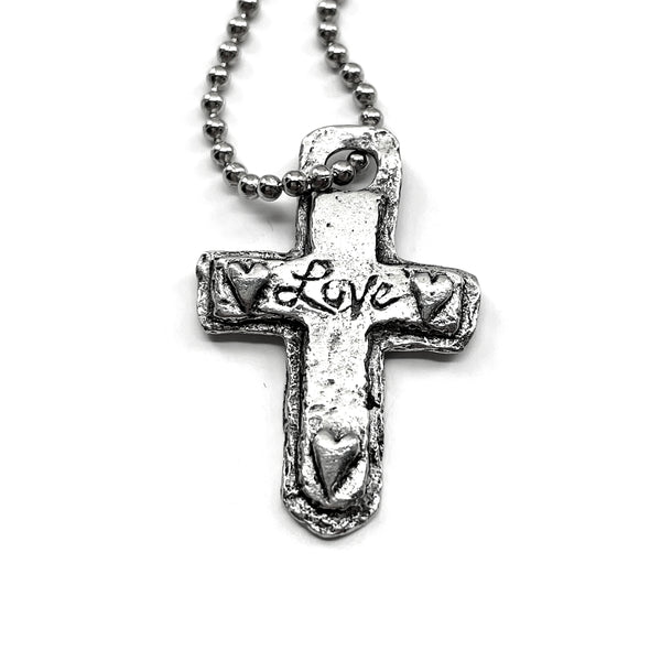 Cross Love Heart Pewter Antique Silver Finish Mini Ball Chain Necklace