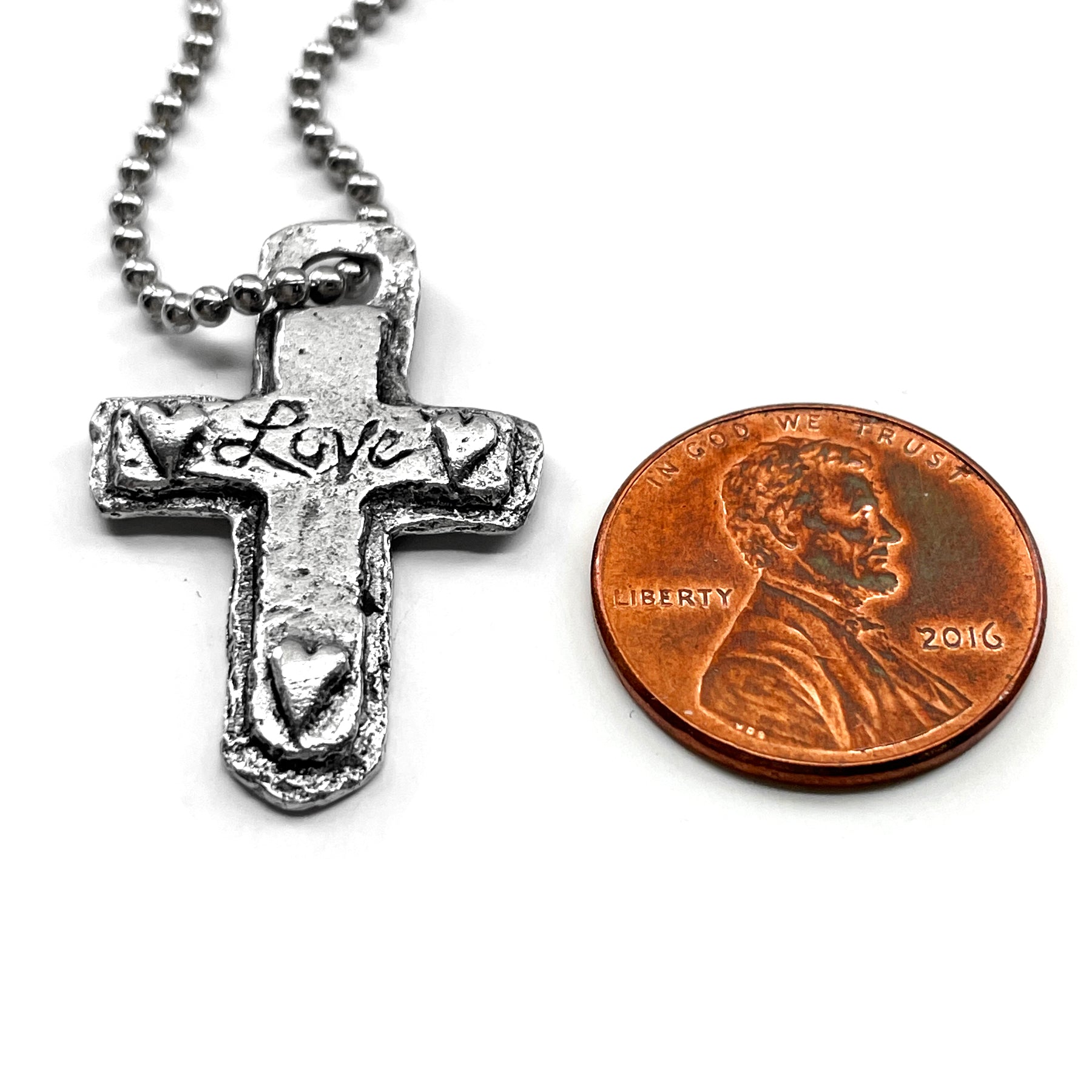 Cross Love Heart Pewter Antique Silver Finish Mini Ball Chain Necklace