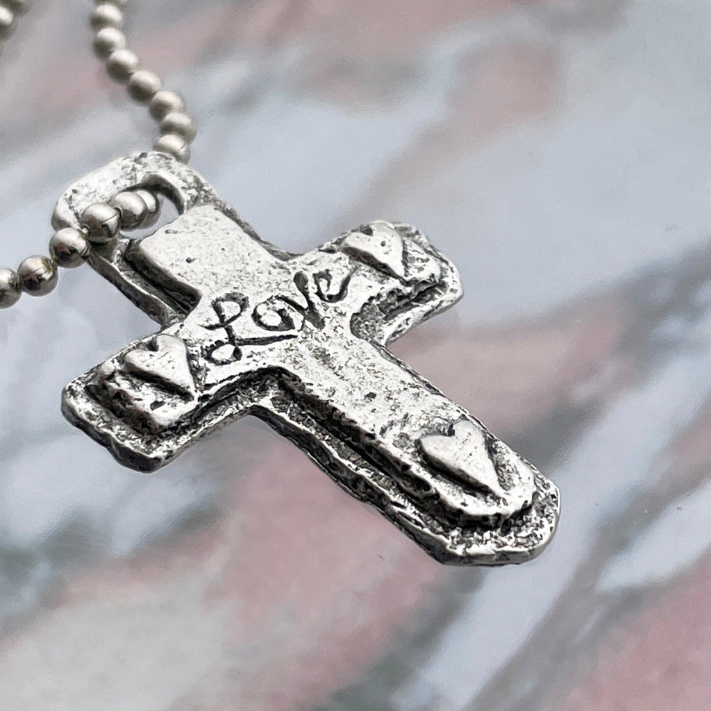 Cross Love Heart Pewter Antique Silver Finish Mini Ball Chain Necklace