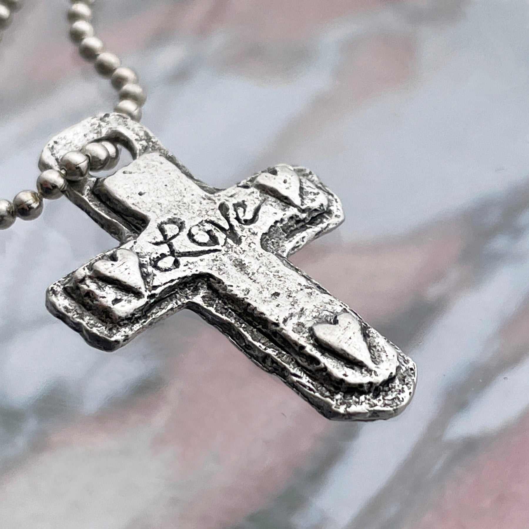 Cross Love Heart Pewter Antique Silver Finish Mini Ball Chain Necklace