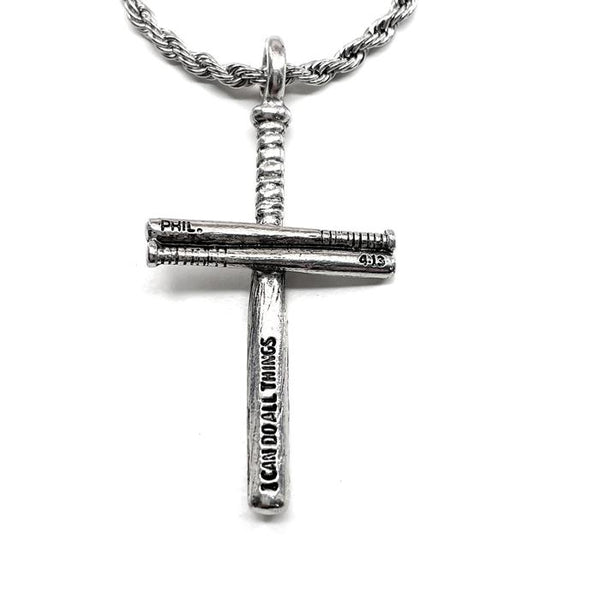 Baseball Softball Personalize Bat Cross Necklace Pewter Rope chain - Forgiven Jewelry