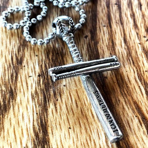 Baseball Bat And Ball Cross Necklace Pewter - Forgiven Jewelry