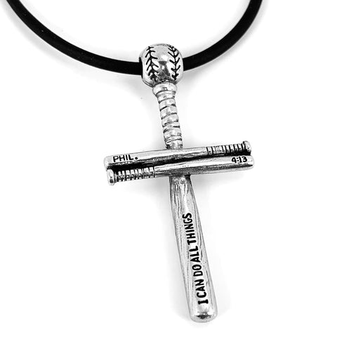 Baseball Bat And Ball Cross Necklace Silver on Rubber - Forgiven Jewelry