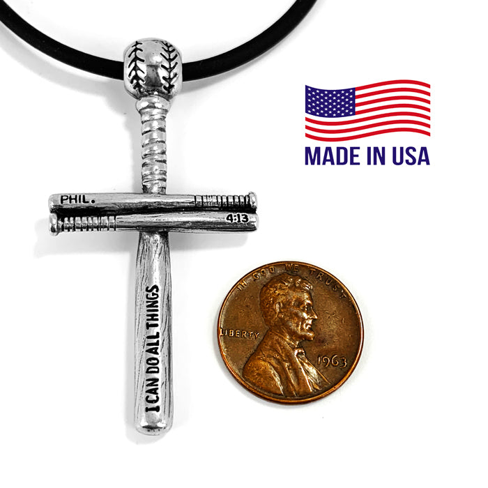 Baseball Bat And Ball Cross Necklace Silver on Rubber - Forgiven Jewelry