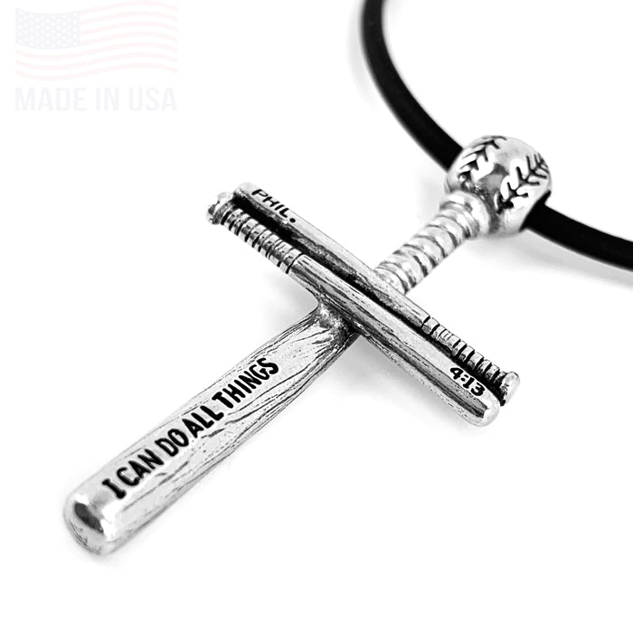 Baseball Bat And Ball Cross Necklace Silver on Rubber - Forgiven Jewelry