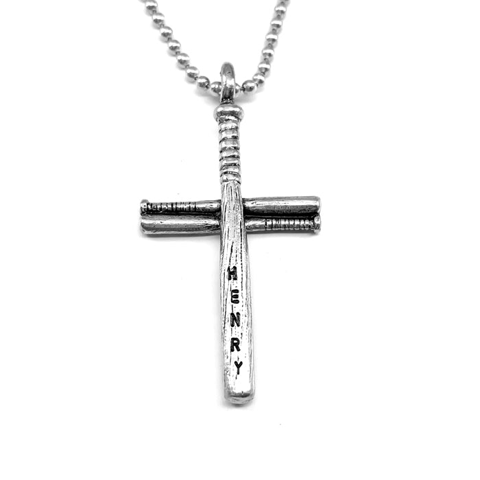 Baseball Bat Personalize Cross Necklace Pewter - Forgiven Jewelry
