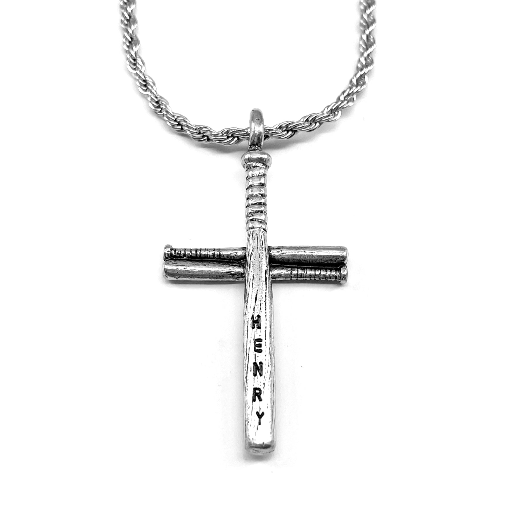 Baseball Softball Personalize Bat Cross Necklace Pewter Rope chain - Forgiven Jewelry
