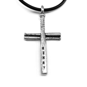 Baseball Softball Personalized Bat Cross Necklace On Black Rubber - Forgiven Jewelry