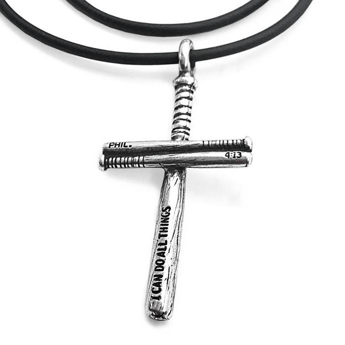 Baseball Softball Personalized Bat Cross Necklace On Black Rubber - Forgiven Jewelry