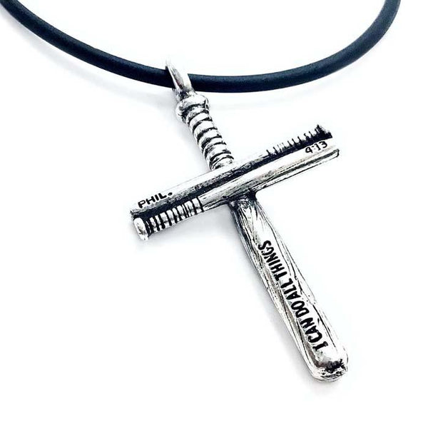 Baseball Softball Personalized Bat Cross Necklace On Black Rubber - Forgiven Jewelry