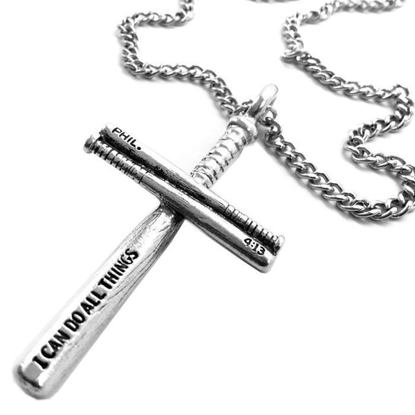 Baseball Softball Personalized Bat Cross Necklace Pewter on chain - Forgiven Jewelry