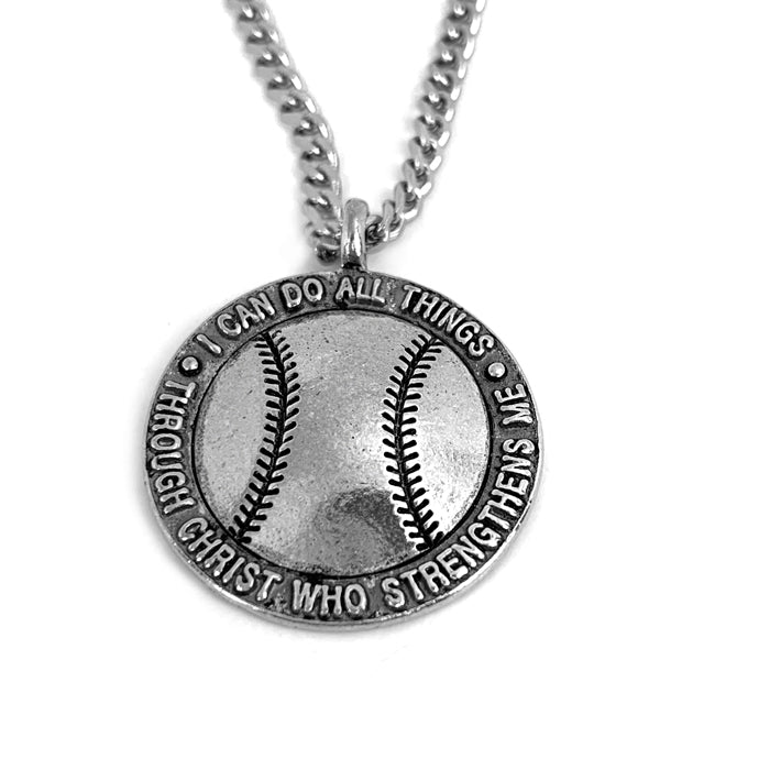 Silver Toned Etched Round Baseball Pendant Necklace - Kiola Designs