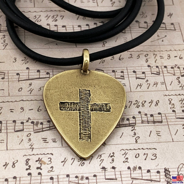 Cross Brass Guitar Pick Necklace - Forgiven Jewelry