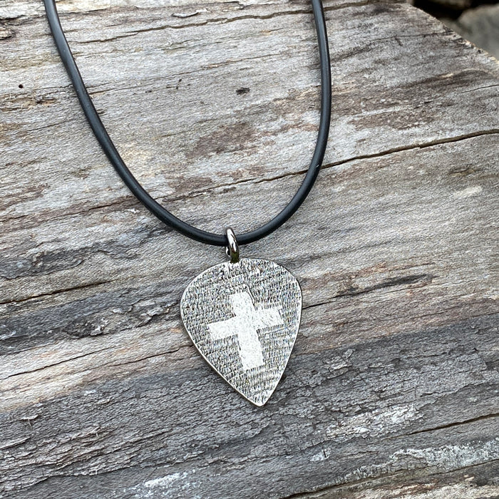 Cross Gunmetal Guitar Pick Necklace - Forgiven Jewelry