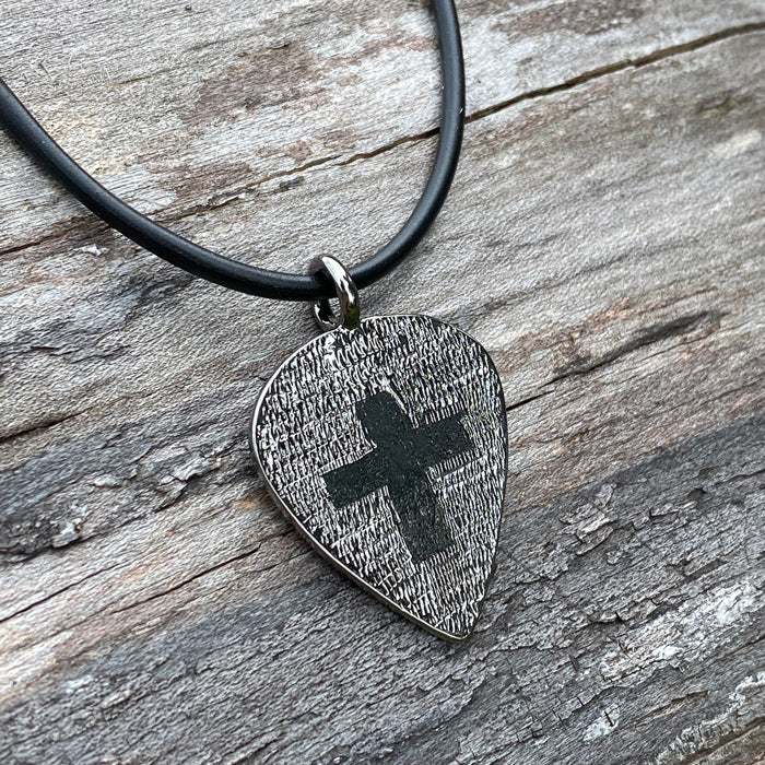 Cross Gunmetal Guitar Pick Necklace - Forgiven Jewelry