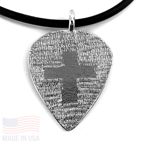 Guitar Pick With Cross Necklace Rhodium Finish - Forgiven Jewelry