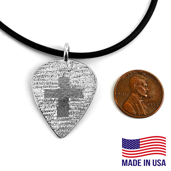 Guitar Pick With Cross Necklace Rhodium Finish - Forgiven Jewelry