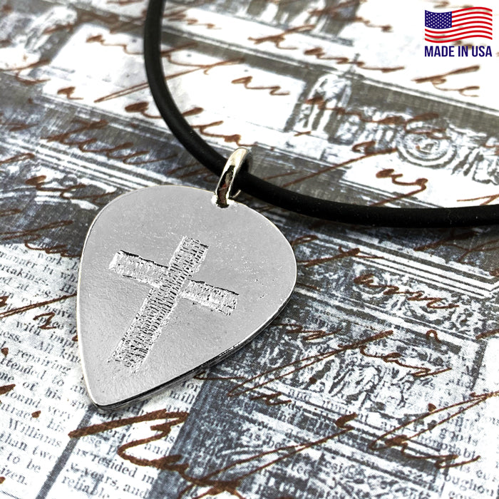 Guitar Pick With Cross Necklace Rhodium Finish - Forgiven Jewelry