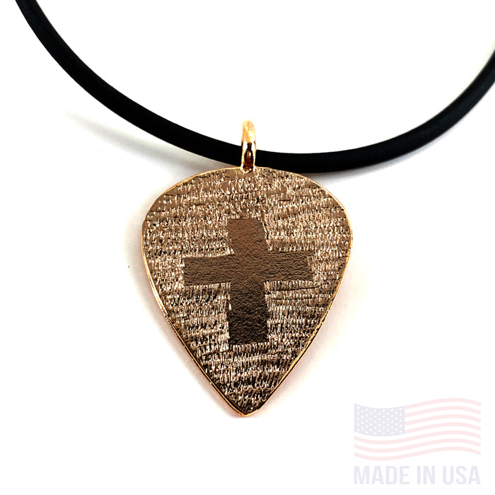 Guitar Pick With Cross Necklace Rose Gold Finish - Forgiven Jewelry