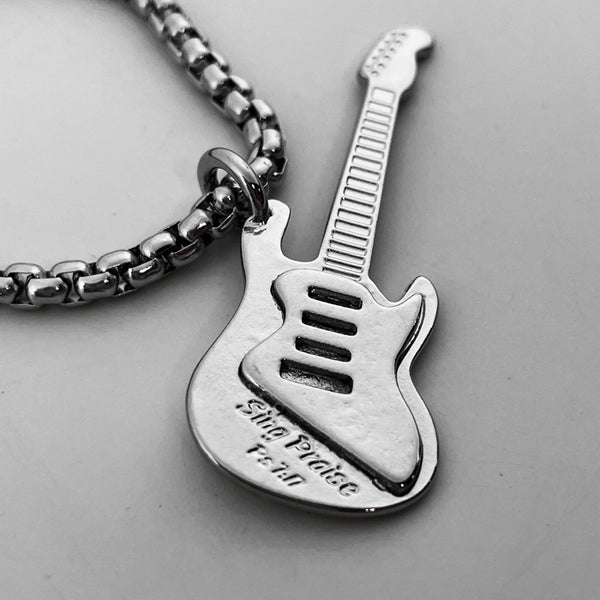 Electric Guitar Sing Praise Rhodium Finish Heavy Chain Necklace - Forgiven Jewelry