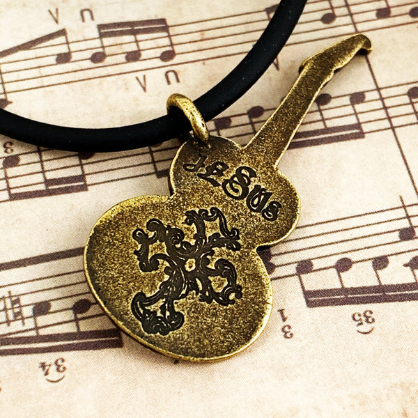 Electric Guitar Jesus Antique Brass Finish Necklace - Forgiven Jewelry