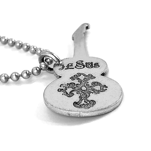 Electric Guitar Jesus Antique Silver Finish On Ball Chain Necklace - Forgiven Jewelry