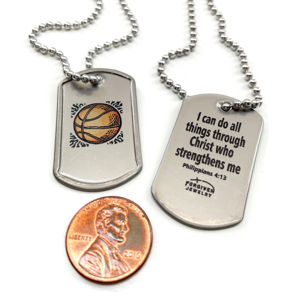 Basketball Mini Dog Tag Philippians 4:13 Necklace 30 Inch Ball Chain