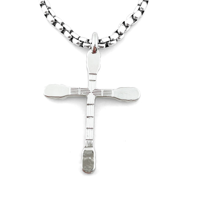 Guitar Neck Cross Rhodium Finish Heavy Box Chain - Forgiven Jewelry