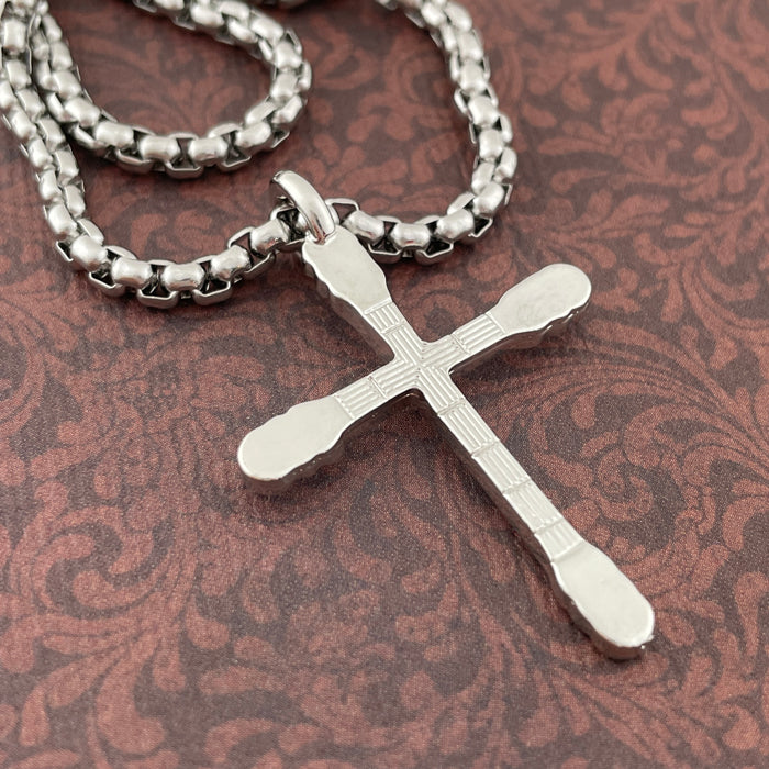 Guitar Neck Cross Rhodium Finish Heavy Box Chain - Forgiven Jewelry
