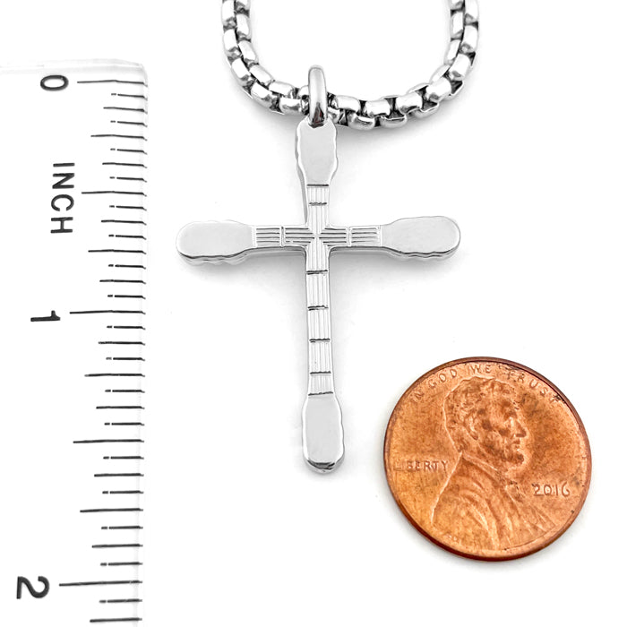 Guitar Neck Cross Rhodium Finish Heavy Box Chain - Forgiven Jewelry