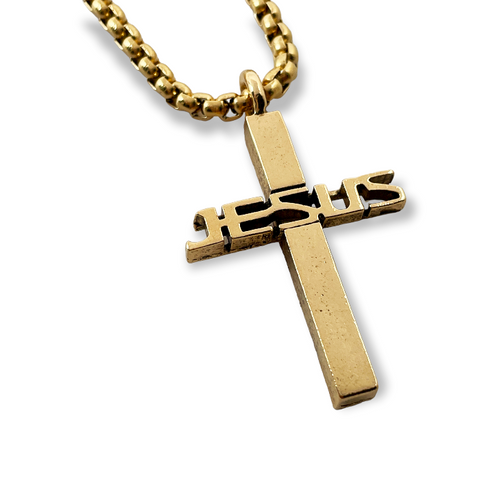 Jesus Cross Gold Finish Pendant Gold Heavy Chain Necklace