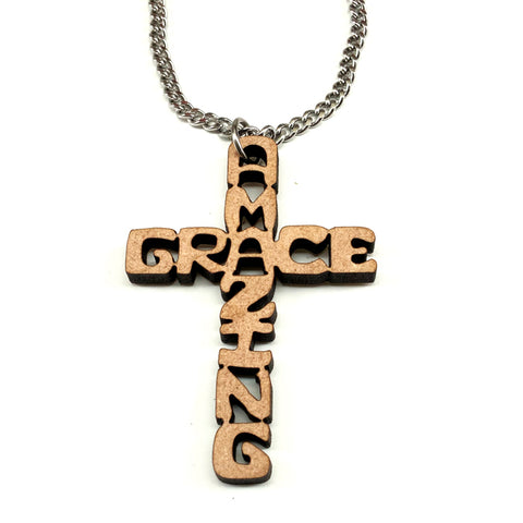 Cross Wood Amazing Grace Pendant Stainless Steel Chain Necklace - Forgiven Jewelry