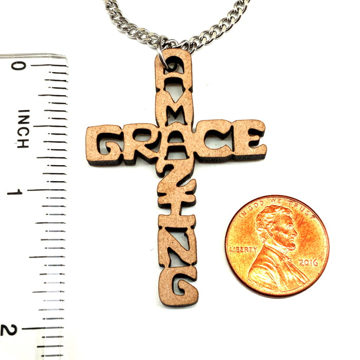 Cross Wood Amazing Grace Pendant Stainless Steel Chain Necklace - Forgiven Jewelry