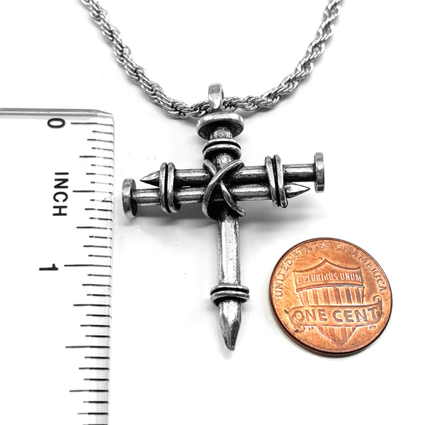 Nail Cross Necklace Antique Silver Finish Rope Chain - Forgiven Jewelry