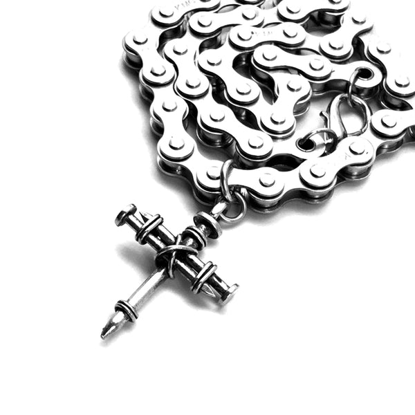 Pewter Nail Cross on Heavy Bike Chain Silver - Forgiven Jewelry