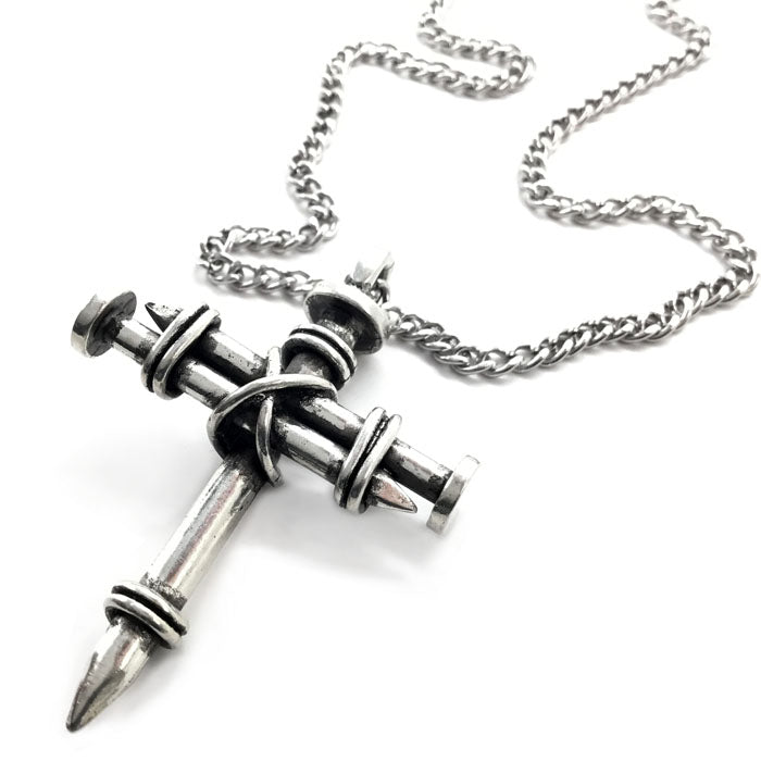 Nail Cross Necklace with Wrapped Wire Accent Silver Pewter Gift Box