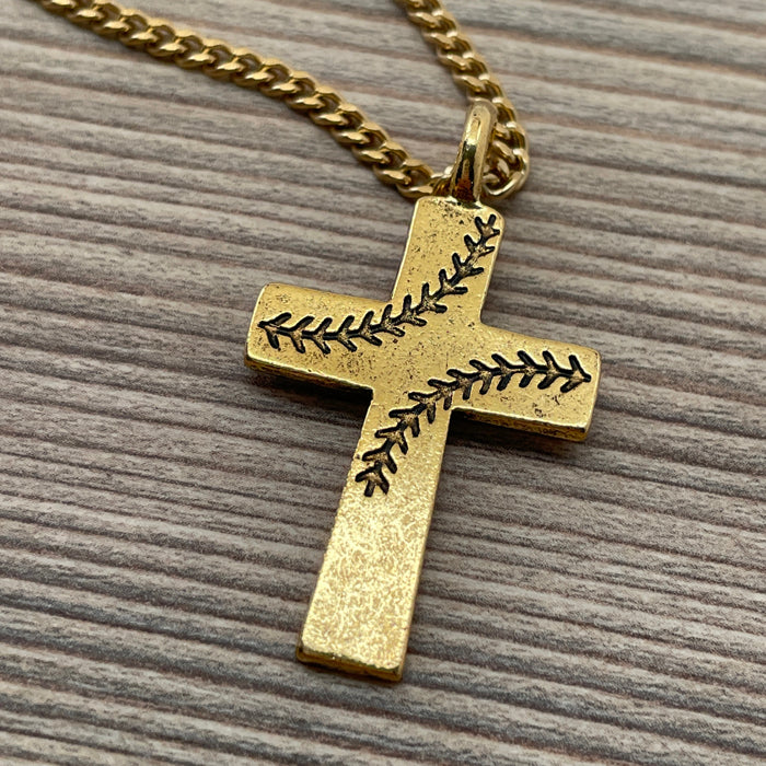 Baseball Stitch Cross Gold Finish Necklace on Chain